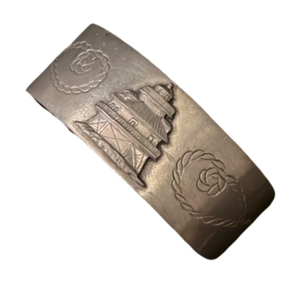 Vintage Salisbury Pewter Asian Oriental Pagoda House Chunky Cuff Bracelet